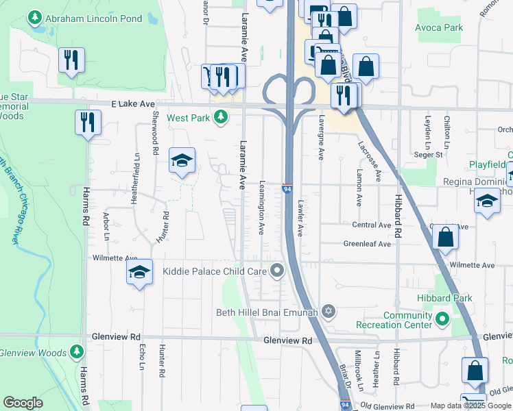 map of restaurants, bars, coffee shops, grocery stores, and more near 623 Leamington Avenue in Wilmette