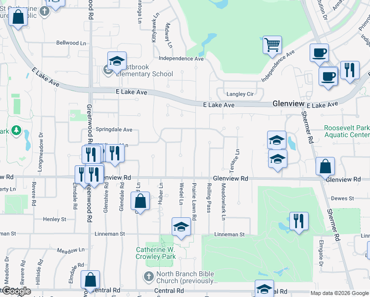 map of restaurants, bars, coffee shops, grocery stores, and more near 1100 Prairie Lawn Road in Glenview