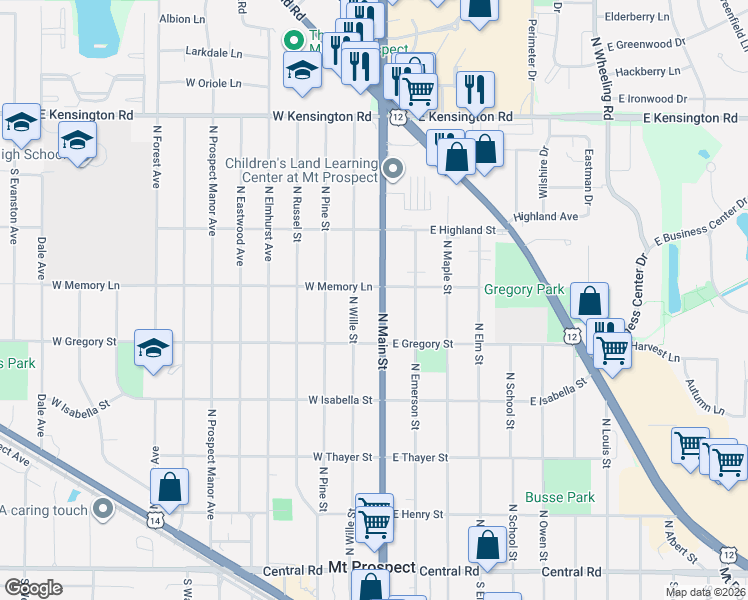 map of restaurants, bars, coffee shops, grocery stores, and more near 419 North Wille Street in Mount Prospect