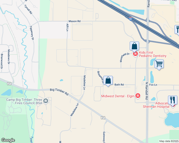 map of restaurants, bars, coffee shops, grocery stores, and more near 1595 Madeline Lane in Elgin