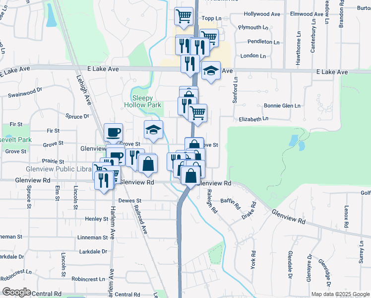 map of restaurants, bars, coffee shops, grocery stores, and more near 1132 Waukegan Road in Glenview
