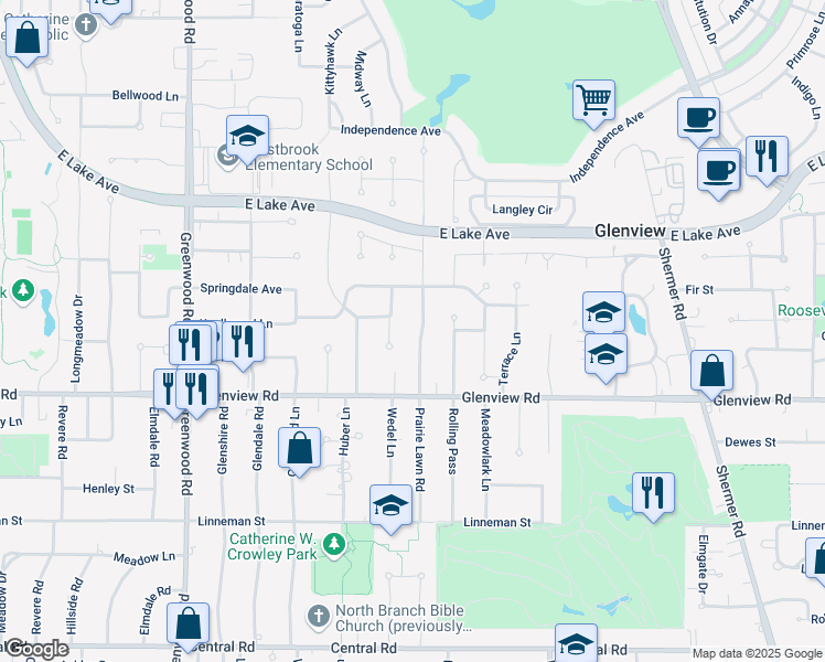 map of restaurants, bars, coffee shops, grocery stores, and more near 1100 Prairie Lawn Road in Glenview