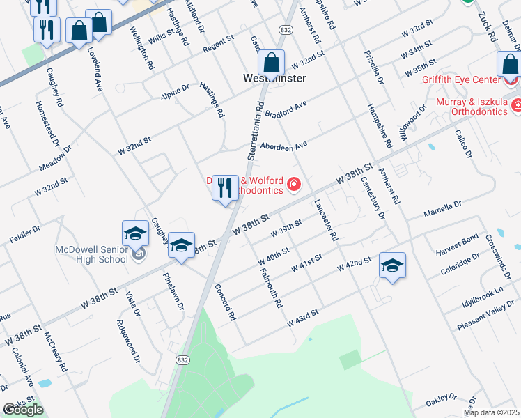 map of restaurants, bars, coffee shops, grocery stores, and more near 3322 W 38th St in Erie