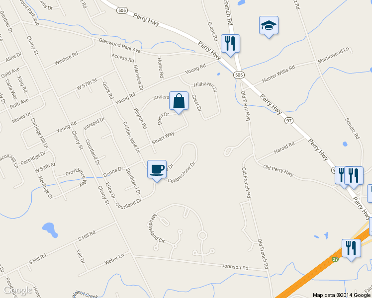 map of restaurants, bars, coffee shops, grocery stores, and more near 319 Erica Dr in Erie