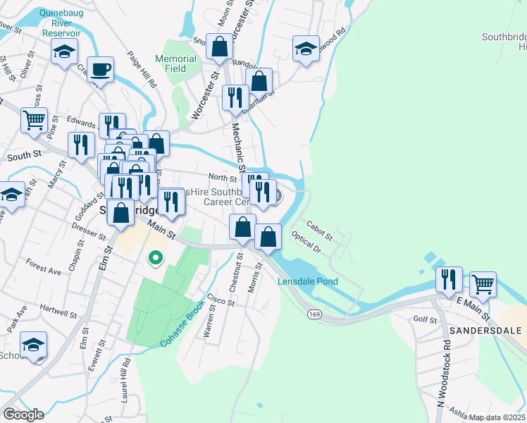 map of restaurants, bars, coffee shops, grocery stores, and more near 14 Mechanic Street in Southbridge