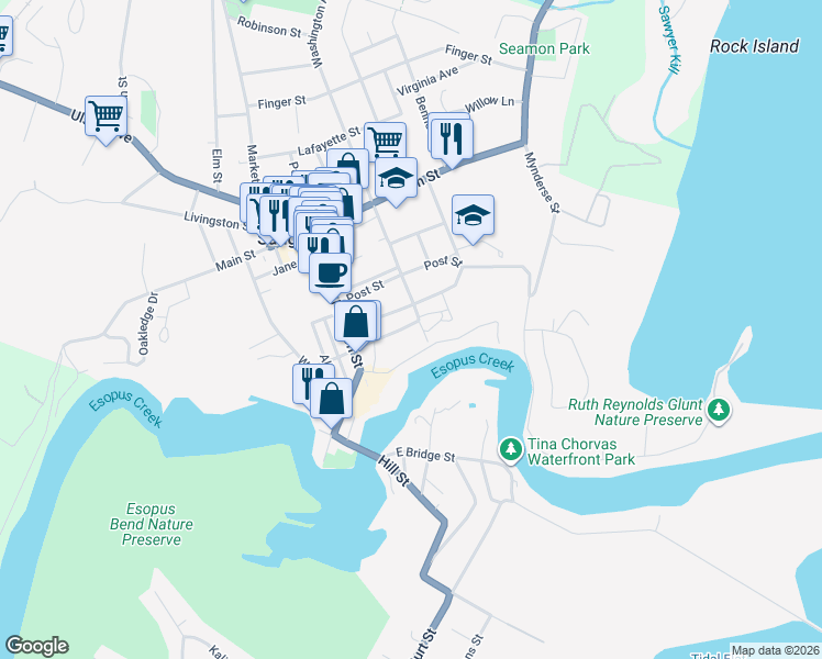 map of restaurants, bars, coffee shops, grocery stores, and more near 82 Montgomery Street in Saugerties