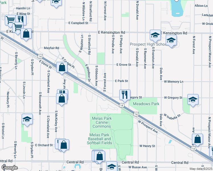 map of restaurants, bars, coffee shops, grocery stores, and more near 515 South Forrest Avenue in Arlington Heights