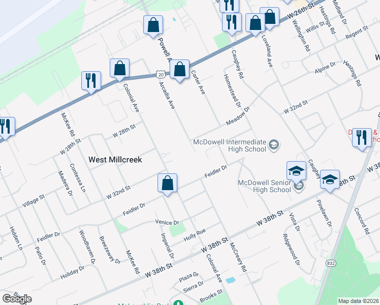 map of restaurants, bars, coffee shops, grocery stores, and more near 3120 Arcadia Ave in Erie