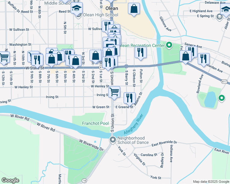 map of restaurants, bars, coffee shops, grocery stores, and more near 211 South Union Street in Olean