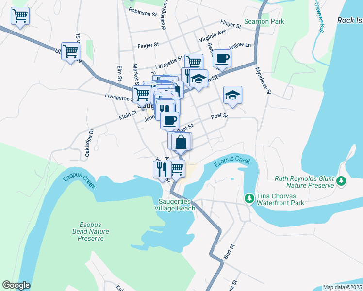 map of restaurants, bars, coffee shops, grocery stores, and more near 213 Partition Street in Saugerties