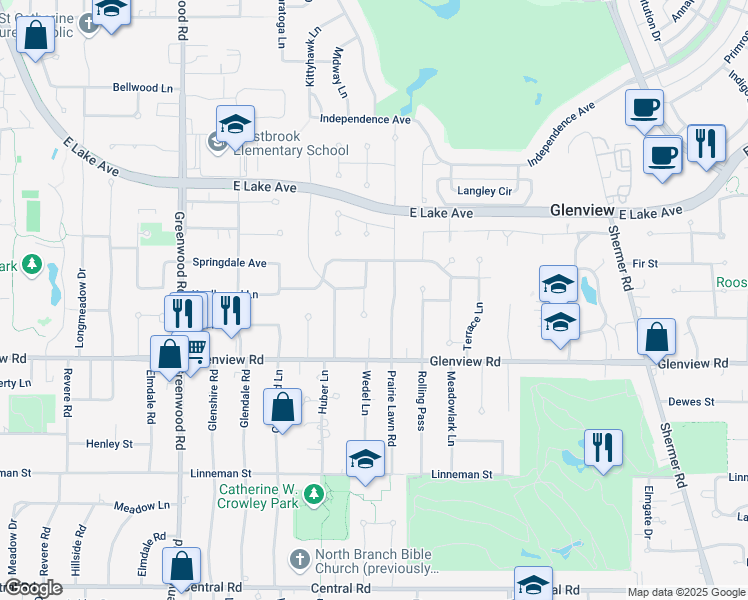 map of restaurants, bars, coffee shops, grocery stores, and more near 1100 Prairie Lawn Road in Glenview
