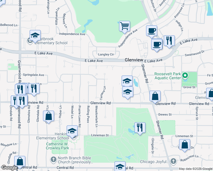 map of restaurants, bars, coffee shops, grocery stores, and more near 1103 Terrace Lane in Glenview