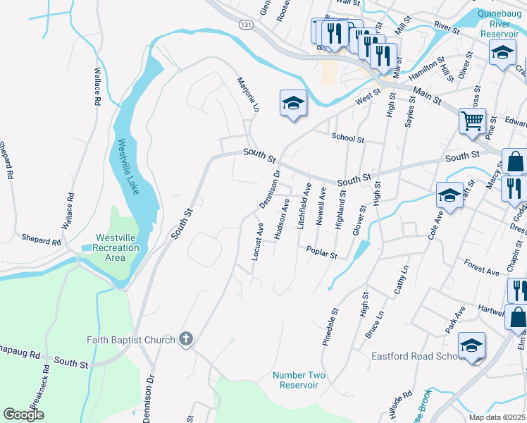 map of restaurants, bars, coffee shops, grocery stores, and more near 297 Dennison Drive in Southbridge