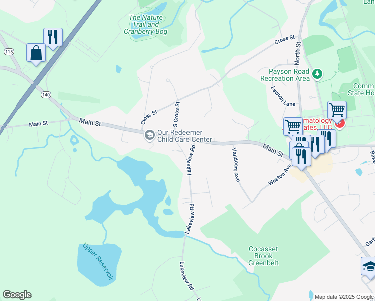 map of restaurants, bars, coffee shops, grocery stores, and more near 5 Lakeview Road in Foxborough