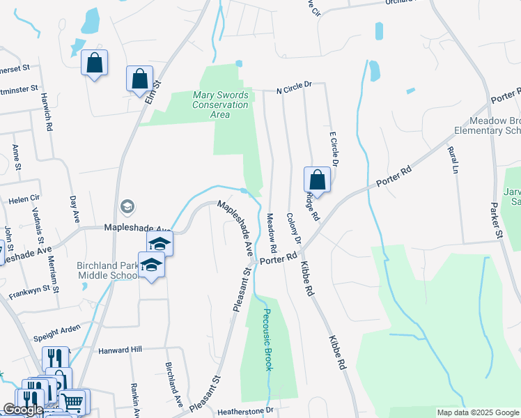map of restaurants, bars, coffee shops, grocery stores, and more near 44 Meadow Rd in East Longmeadow