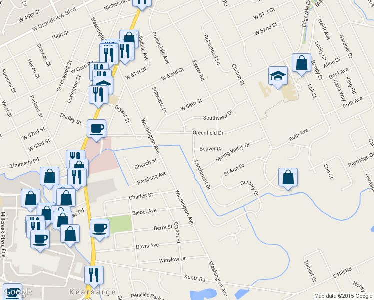 map of restaurants, bars, coffee shops, grocery stores, and more near 5536 Larchmont Dr in Erie