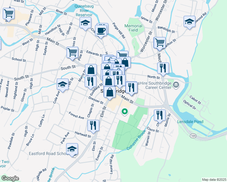 map of restaurants, bars, coffee shops, grocery stores, and more near in Southbridge