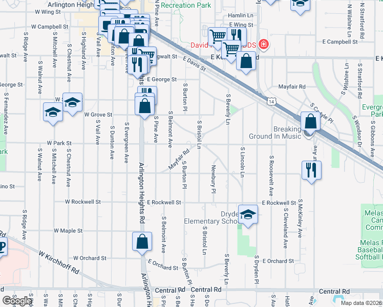 map of restaurants, bars, coffee shops, grocery stores, and more near 515 Mayfair Road in Arlington Heights