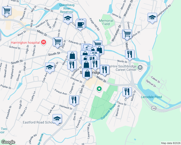 map of restaurants, bars, coffee shops, grocery stores, and more near in Southbridge