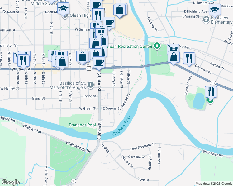 map of restaurants, bars, coffee shops, grocery stores, and more near 211 South Barry Street in Olean
