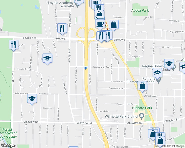 map of restaurants, bars, coffee shops, grocery stores, and more near 622 Lawler Avenue in Wilmette