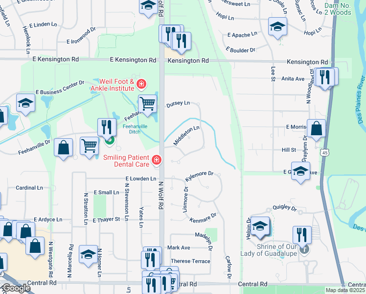 map of restaurants, bars, coffee shops, grocery stores, and more near 670 Longford Drive in Des Plaines