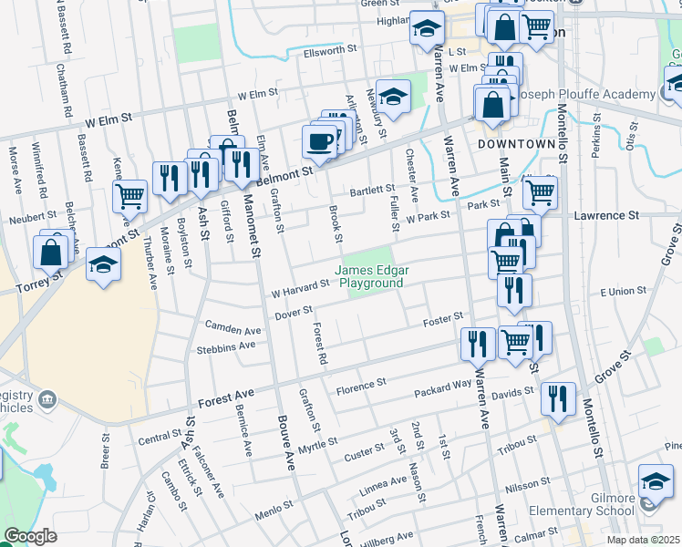 map of restaurants, bars, coffee shops, grocery stores, and more near 183 West Harvard Street in Brockton
