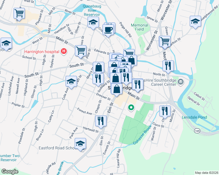 map of restaurants, bars, coffee shops, grocery stores, and more near 5 Optical Drive in Southbridge