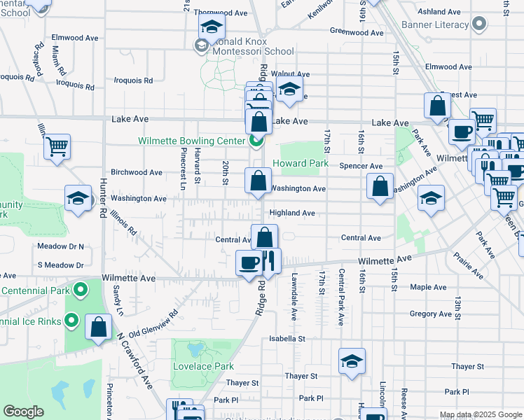 map of restaurants, bars, coffee shops, grocery stores, and more near 537 1/2 Ridge Road in Wilmette