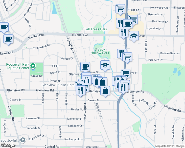 map of restaurants, bars, coffee shops, grocery stores, and more near 1845 Grove Street in Glenview