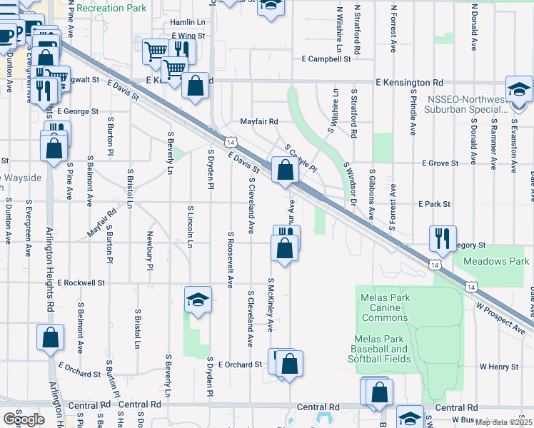 map of restaurants, bars, coffee shops, grocery stores, and more near 505 South Cleveland Avenue in Arlington Heights