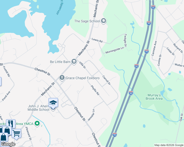 map of restaurants, bars, coffee shops, grocery stores, and more near 18 Villa Drive in Foxborough