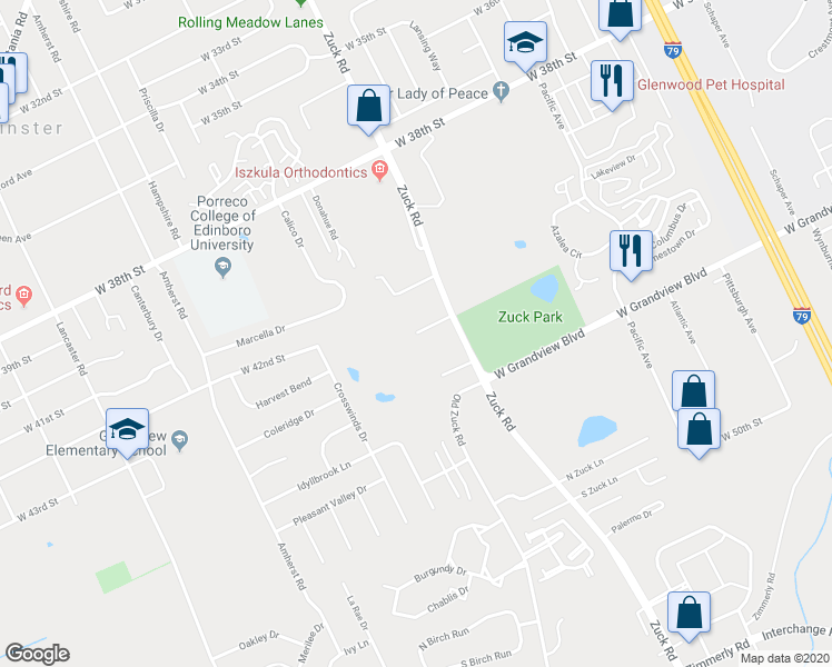 map of restaurants, bars, coffee shops, grocery stores, and more near 4536 Hammocks Drive in Erie