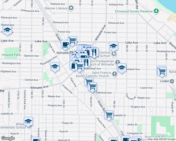 map of restaurants, bars, coffee shops, grocery stores, and more near 1125 Greenleaf Avenue in Wilmette