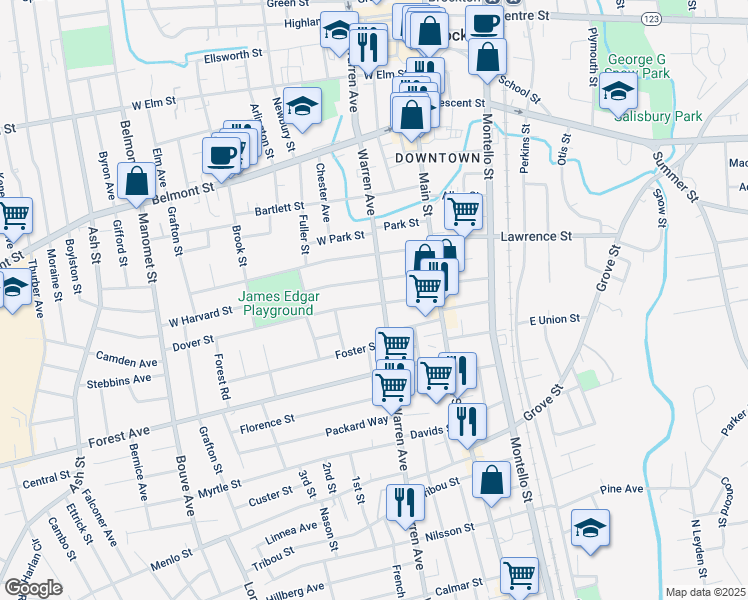 map of restaurants, bars, coffee shops, grocery stores, and more near 59 Dover Street in Brockton