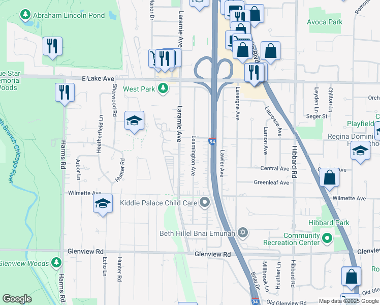 map of restaurants, bars, coffee shops, grocery stores, and more near 623 Leamington Avenue in Wilmette