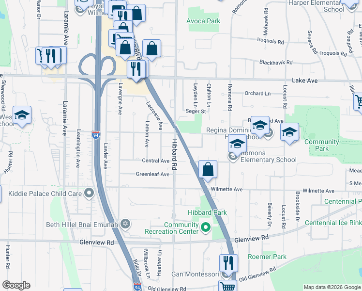 map of restaurants, bars, coffee shops, grocery stores, and more near 636 Hibbard Road in Wilmette