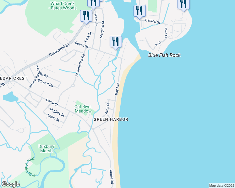 map of restaurants, bars, coffee shops, grocery stores, and more near 90 Bay Avenue in Marshfield