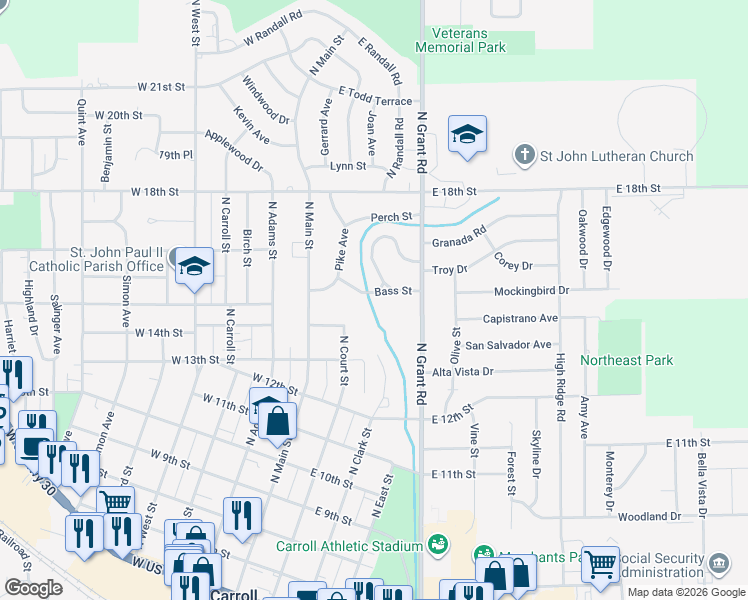 map of restaurants, bars, coffee shops, grocery stores, and more near 232 Bass Street in Carroll