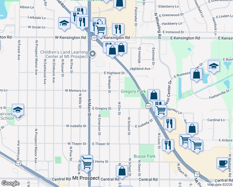 map of restaurants, bars, coffee shops, grocery stores, and more near 420 North Elm Street in Mount Prospect