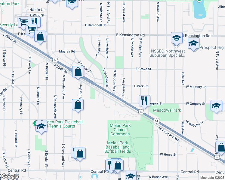 map of restaurants, bars, coffee shops, grocery stores, and more near 1714 Frontage Road in Arlington Heights