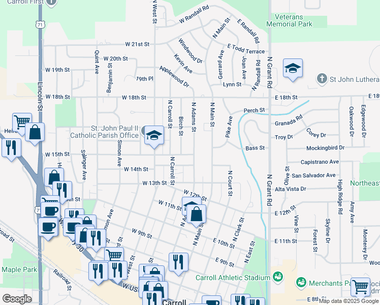 map of restaurants, bars, coffee shops, grocery stores, and more near 1505 North Adams Street in Carroll