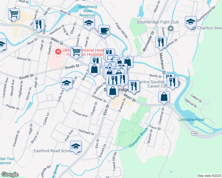 map of restaurants, bars, coffee shops, grocery stores, and more near 295 Main Street in Southbridge