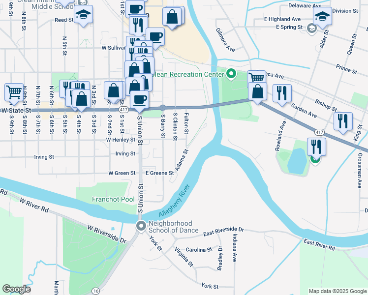 map of restaurants, bars, coffee shops, grocery stores, and more near 204 Fulton St in Olean