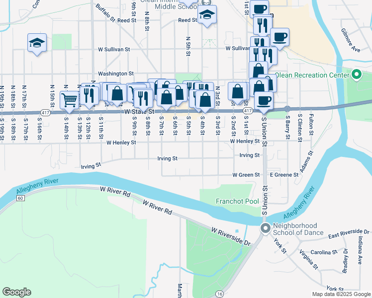 map of restaurants, bars, coffee shops, grocery stores, and more near 208 S 5th St in Olean