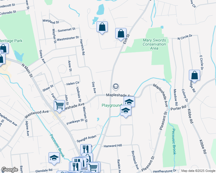 map of restaurants, bars, coffee shops, grocery stores, and more near 188 Elm Street in East Longmeadow