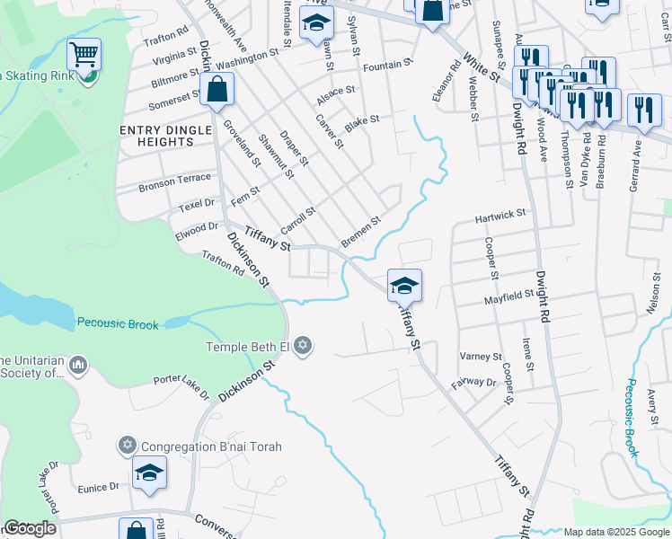 map of restaurants, bars, coffee shops, grocery stores, and more near 23 Craig Street in Springfield