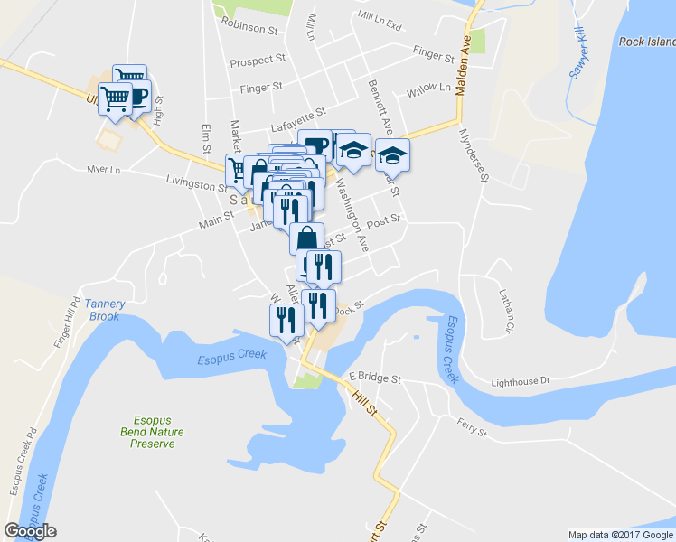 map of restaurants, bars, coffee shops, grocery stores, and more near 22 Clermont Street in Saugerties