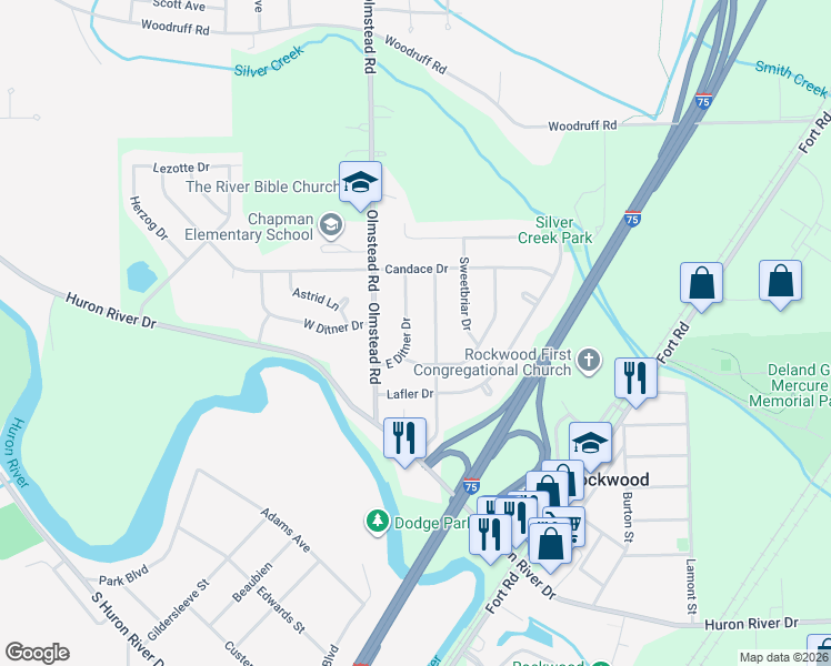 map of restaurants, bars, coffee shops, grocery stores, and more near 31757 East Ditner Drive in Rockwood