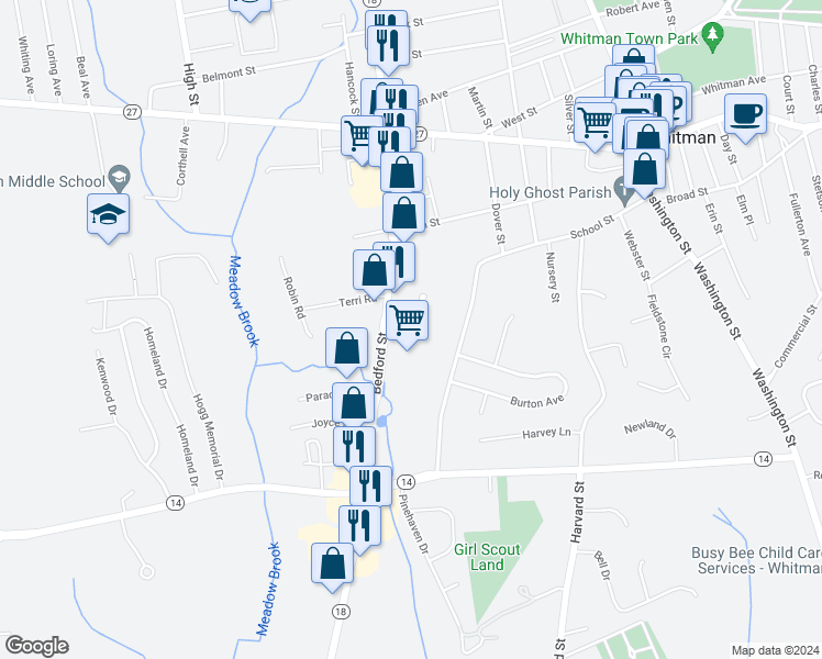 map of restaurants, bars, coffee shops, grocery stores, and more near 475 Bedford Street in Whitman